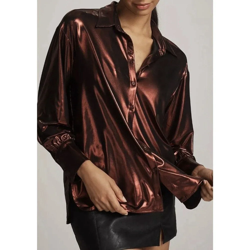 By Anthropologie Shine Button Down Shirt Burgundy Metallic Long Sleeve M NWT - Picture 1 of 7